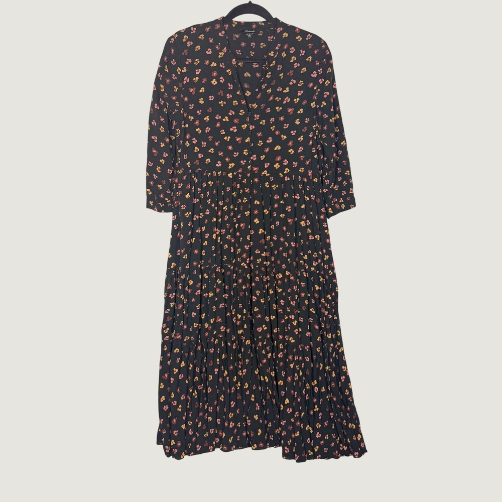 Madewell Womens Black Floral Tiered Midi Dress Long Sleeve Button Front Size M - Picture 2 of 8